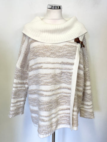 CALVIN KLEIN IVORY & BEIGE ROLL NECK BUCKLE TRIM WRAP FRONT LONG SLEEVED JUMPER SIZE S/M