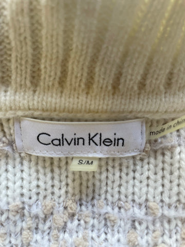 CALVIN KLEIN IVORY & BEIGE ROLL NECK BUCKLE TRIM WRAP FRONT LONG SLEEVED JUMPER SIZE S/M