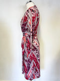 ONJENU RED,WHITE & CORAL FLORAL PRINT 3/4 SLEEVE TIE WAIST DRESS SIZE 12