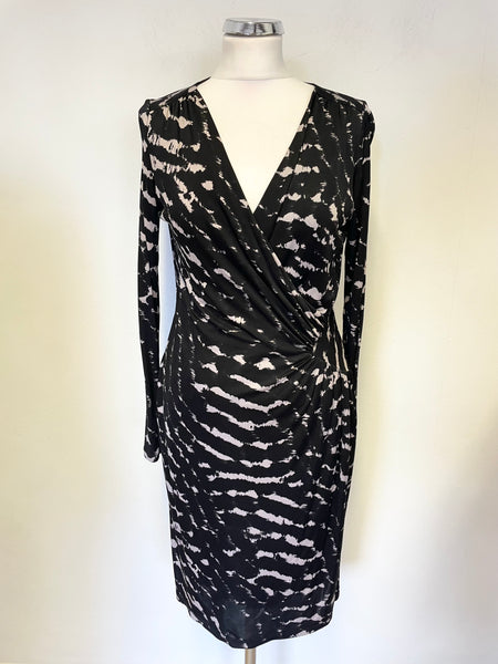 GHOST BLACK & BEIGE PRINT V NECK LONG SLEEVED PENCIL DRESS SIZE 12