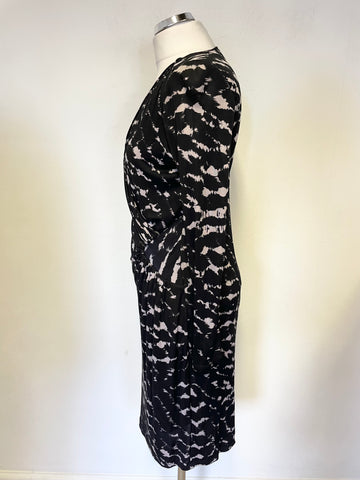 GHOST BLACK & BEIGE PRINT V NECK LONG SLEEVED PENCIL DRESS SIZE 12