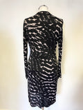 GHOST BLACK & BEIGE PRINT V NECK LONG SLEEVED PENCIL DRESS SIZE 12