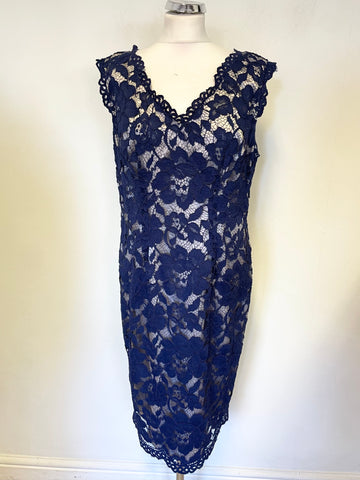 JACQUES VERT BLUE FLORAL LACE OVER SILVER SATIN LINING SLEEVELESS PENCIL DRESS SIZE 16