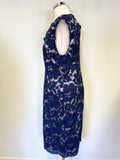 JACQUES VERT BLUE FLORAL LACE OVER SILVER SATIN LINING SLEEVELESS PENCIL DRESS SIZE 16