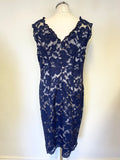 JACQUES VERT BLUE FLORAL LACE OVER SILVER SATIN LINING SLEEVELESS PENCIL DRESS SIZE 16