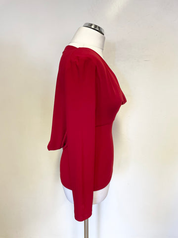 JOSEPH RIBKOFF RED JERSEY COWL NECKLINE TOP WITH SEQUIN STRAP TO OPEN REAR SIZE 12