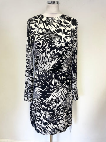 BRAND NEW DESIGNER ADAM LIPPES BLACK, WHITE & GREY PRINT LONG SLEEVED SHIFT DRESS SIZE 6 UK 10