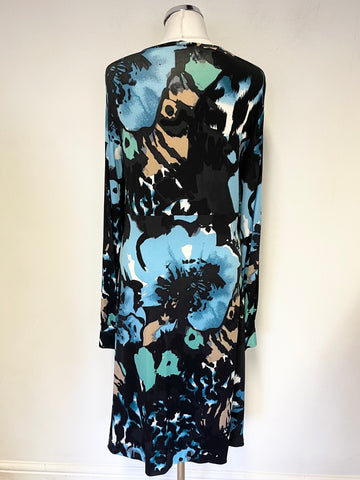 OUI MOMENTS BLACK & MULTI COLOURED PRINT V NECK LONG SLEEVED DRESS SIZE 14