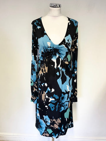 OUI MOMENTS BLACK & MULTI COLOURED PRINT V NECK LONG SLEEVED DRESS SIZE 14