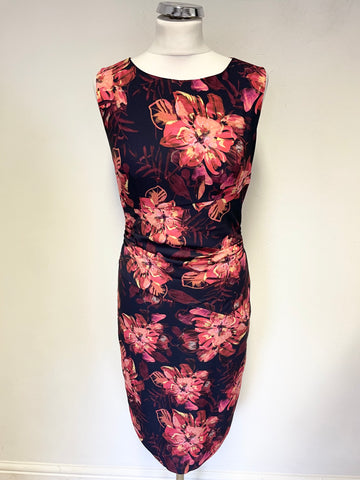 HOBBS NAVY WITH CORAL & PINK FLORAL PRINT SLEEVELESS PENCIL DRESS SIZE 8