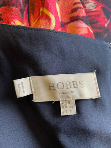 HOBBS NAVY WITH CORAL & PINK FLORAL PRINT SLEEVELESS PENCIL DRESS SIZE 8