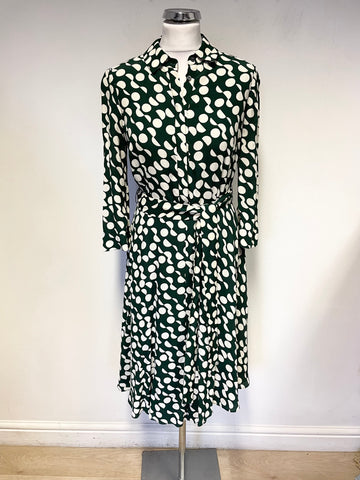 HOBBS BOTTLE GREEN & IVORY SPOT 3/4 SLEEVED TIE BELT FIT & FLARE DRESS SIZE 10