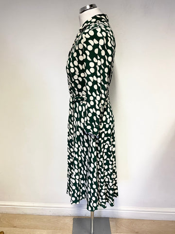 HOBBS BOTTLE GREEN & IVORY SPOT 3/4 SLEEVED TIE BELT FIT & FLARE DRESS SIZE 10