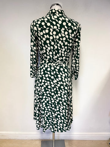 HOBBS BOTTLE GREEN & IVORY SPOT 3/4 SLEEVED TIE BELT FIT & FLARE DRESS SIZE 10