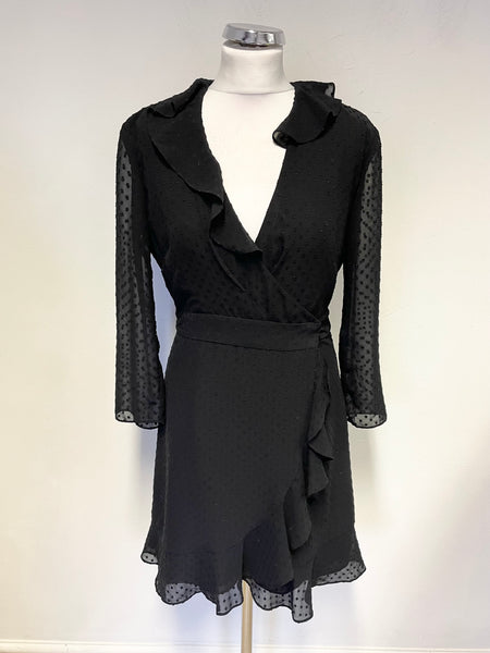 WHISTLES BLACK SELF SPOT FRILL TRIM 3/4 SLEEVED WRAP DRESS  SIZE 10