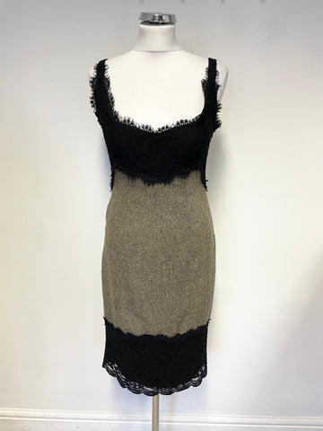 DIANE VON FURSTENBERG BLACK LACE & BROWN TWEED SLEEVELESS PENCIL DRESS SIZE 8 UK 12