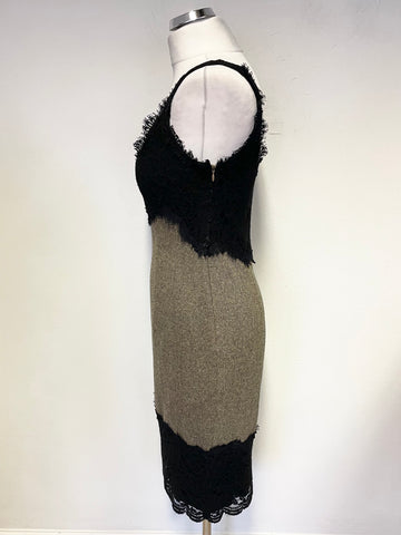 DIANE VON FURSTENBERG BLACK LACE & BROWN TWEED SLEEVELESS PENCIL DRESS SIZE 8 UK 12