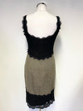 DIANE VON FURSTENBERG BLACK LACE & BROWN TWEED SLEEVELESS PENCIL DRESS SIZE 8 UK 12