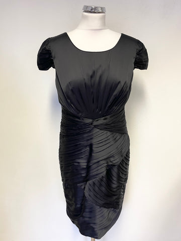 COAST BLACK SATIN CAP SLEEVED PLEAT DETAILED PENCIL DRESS SIZE 12