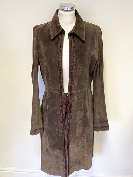 WAREHOUSE BROWN SUEDE TIE FRONT EDGE TO EDGE COAT SIZE 14