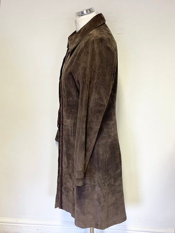 WAREHOUSE BROWN SUEDE TIE FRONT EDGE TO EDGE COAT SIZE 14