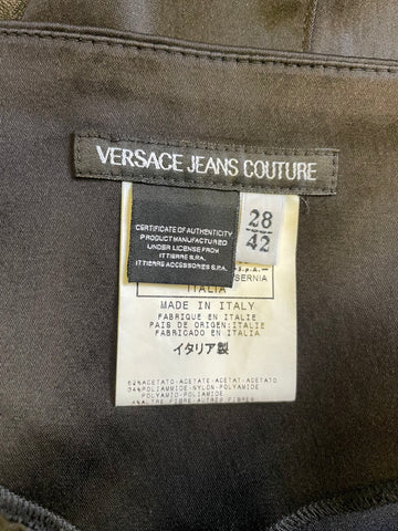 VERSACE JEANS COUTURE BLACK SATEEN STRAIGHT LEG BUCKLE TRIM TROUSERS SIZE 28 UK 10