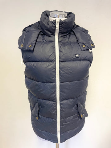 JACK WILLS NAVY BLUE QUILTED DUCK DOWN PADDED DETACHABLE HOOD ZIP FRONT BODYWARMER SIZE XS