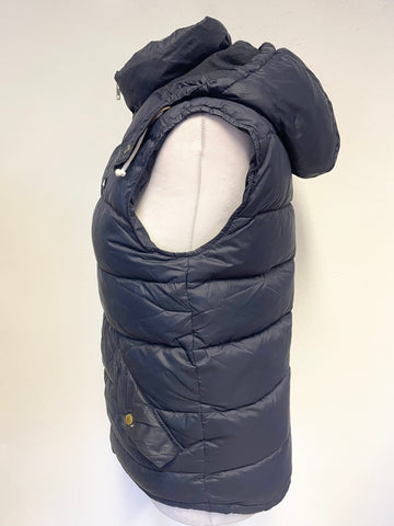 JACK WILLS NAVY BLUE QUILTED DUCK DOWN PADDED DETACHABLE HOOD ZIP FRONT BODYWARMER SIZE XS