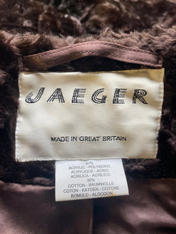 VINTAGE JAEGER BROWN FAUX FUR COLLARLESS 3/4 SLEEVED COAT SIZE S