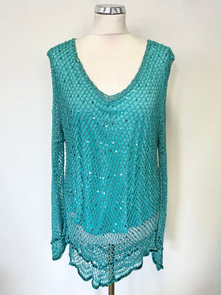 BRAND NEW FIORELLA RUBINO TURQUOISE CROCHET KNIT SEQUIN TRIM TOP SIZE L