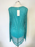 BRAND NEW FIORELLA RUBINO TURQUOISE CROCHET KNIT SEQUIN TRIM TOP SIZE L