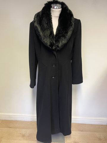 JACQUES VERT BLACK WOOL & CASHMERE DETACHABLE FUR COLLARED COAT SIZE 16