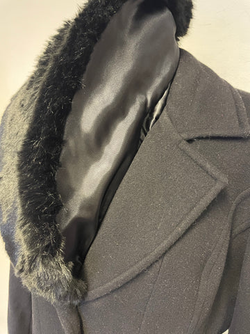 JACQUES VERT BLACK WOOL & CASHMERE DETACHABLE FUR COLLARED COAT SIZE 16