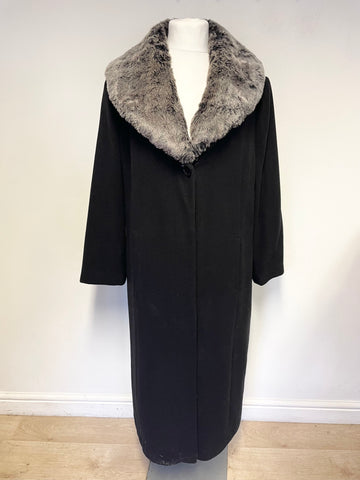 ANN HARVEY BLACK DETACHABLE FUR COLLARED WOOL & CASHMERE BLEND LONG COAT SIZE 24