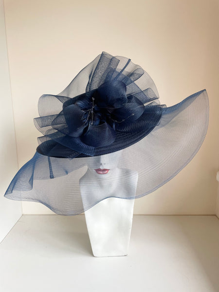 UNBRANDED NAVY BLUE FABRIC MESH BOW & FEATHER TRIM HAT WITH WIDE MESH BRIM