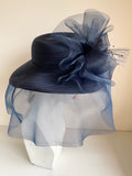 UNBRANDED NAVY BLUE FABRIC MESH BOW & FEATHER TRIM HAT WITH WIDE MESH BRIM