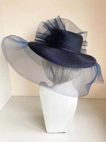 UNBRANDED NAVY BLUE FABRIC MESH BOW & FEATHER TRIM HAT WITH WIDE MESH BRIM