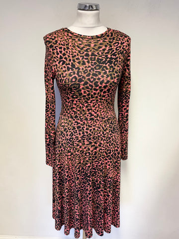 KAREN MILLEN CORAL,BLACK & BROWN ANIMAL PRINT LONG SLEEVED FIT & FLARE DRESS SIZE 8