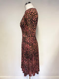 KAREN MILLEN CORAL,BLACK & BROWN ANIMAL PRINT LONG SLEEVED FIT & FLARE DRESS SIZE 8