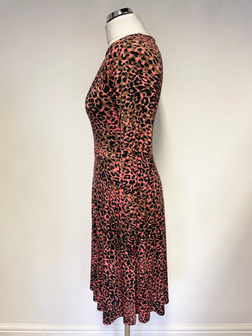 KAREN MILLEN CORAL,BLACK & BROWN ANIMAL PRINT LONG SLEEVED FIT & FLARE DRESS SIZE 8