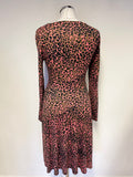 KAREN MILLEN CORAL,BLACK & BROWN ANIMAL PRINT LONG SLEEVED FIT & FLARE DRESS SIZE 8