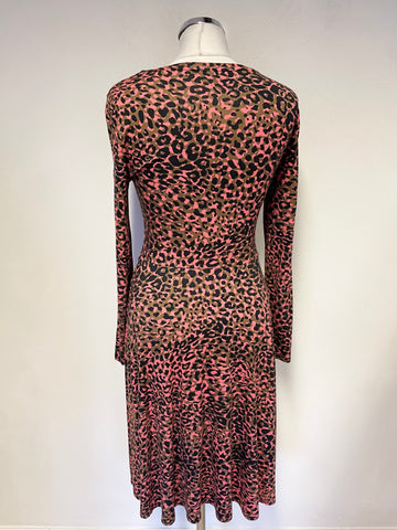 KAREN MILLEN CORAL,BLACK & BROWN ANIMAL PRINT LONG SLEEVED FIT & FLARE DRESS SIZE 8