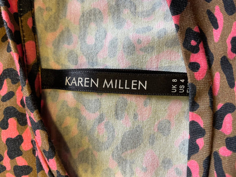 KAREN MILLEN CORAL,BLACK & BROWN ANIMAL PRINT LONG SLEEVED FIT & FLARE DRESS SIZE 8