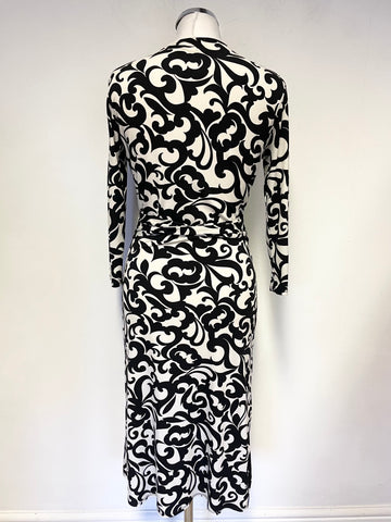 PHASE EIGHT BLACK & WHITE SCROLL PRINT 3/4 SLEEVE WRAP DRESS SIZE 10