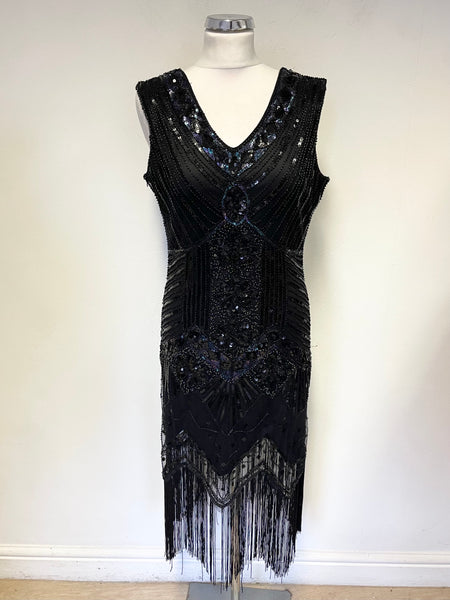 UNBRANDED BLACK SEQUINNED, BEADED & FRINGED SLEEVELESS FLAPPER STYLE COCKTAIL DRESS SIZE XL