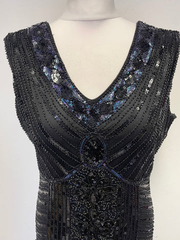 UNBRANDED BLACK SEQUINNED, BEADED & FRINGED SLEEVELESS FLAPPER STYLE COCKTAIL DRESS SIZE XL