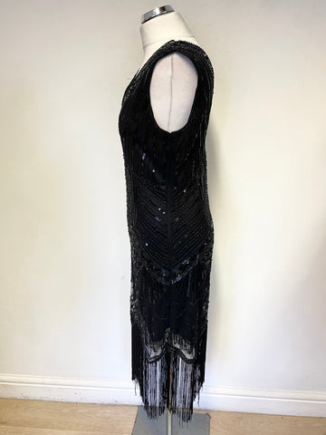 UNBRANDED BLACK SEQUINNED, BEADED & FRINGED SLEEVELESS FLAPPER STYLE COCKTAIL DRESS SIZE XL