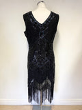 UNBRANDED BLACK SEQUINNED, BEADED & FRINGED SLEEVELESS FLAPPER STYLE COCKTAIL DRESS SIZE XL