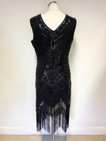 UNBRANDED BLACK SEQUINNED, BEADED & FRINGED SLEEVELESS FLAPPER STYLE COCKTAIL DRESS SIZE XL