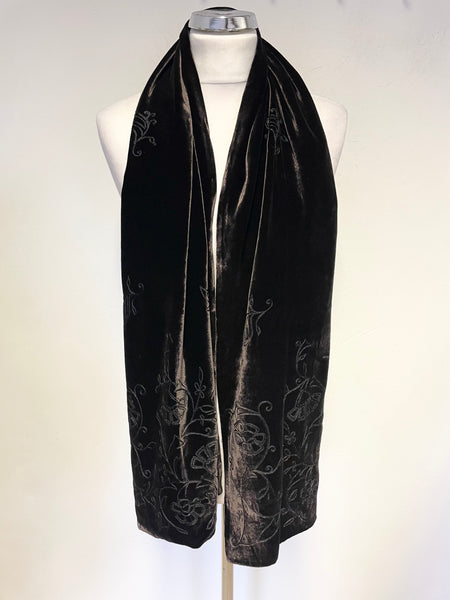 PLANET BROWN VELVET FLORAL EMBROIDERED SILK LINED LONG SCARF